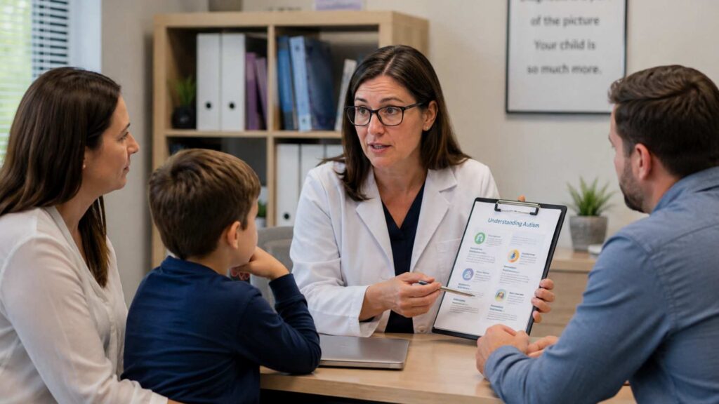 A clinician explaining how autism is diagnosed