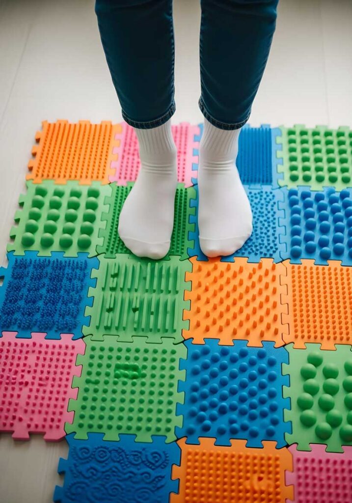 Close up of sensory therapy textured floor tiles used in occupational therapy for autistic children to enhance tactile stimulation proprioception and neurodiversity inclusion awareness
